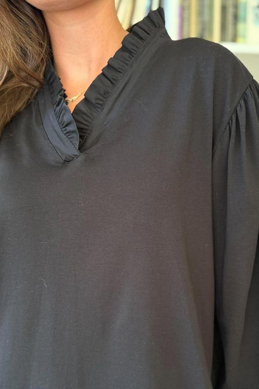 Body Stretch Cotton Ruffle Layer Shirt Black